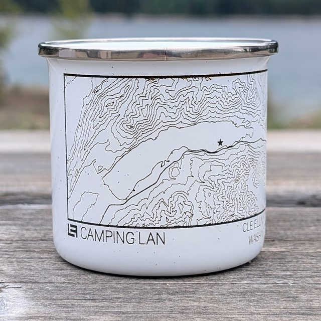 Enamel camp mug laser engraved with a custom topographic map design
